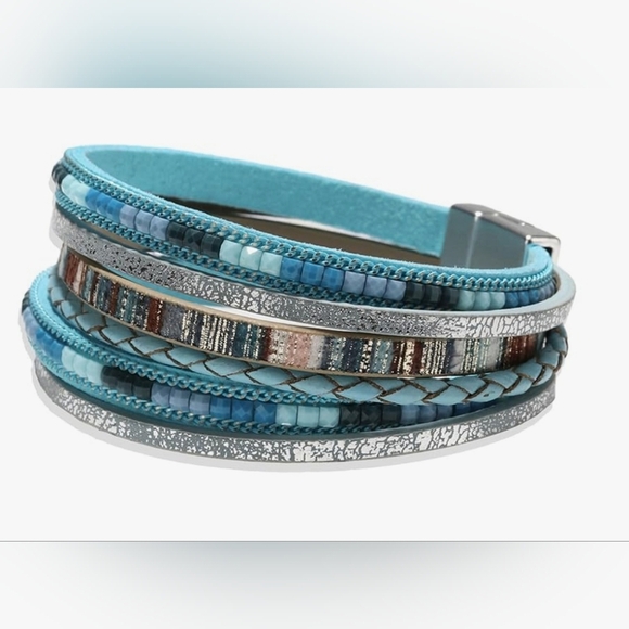 Turquoise Blue Faux Leather Multi-layered Magnetic Bracelet - Picture 1 of 3
